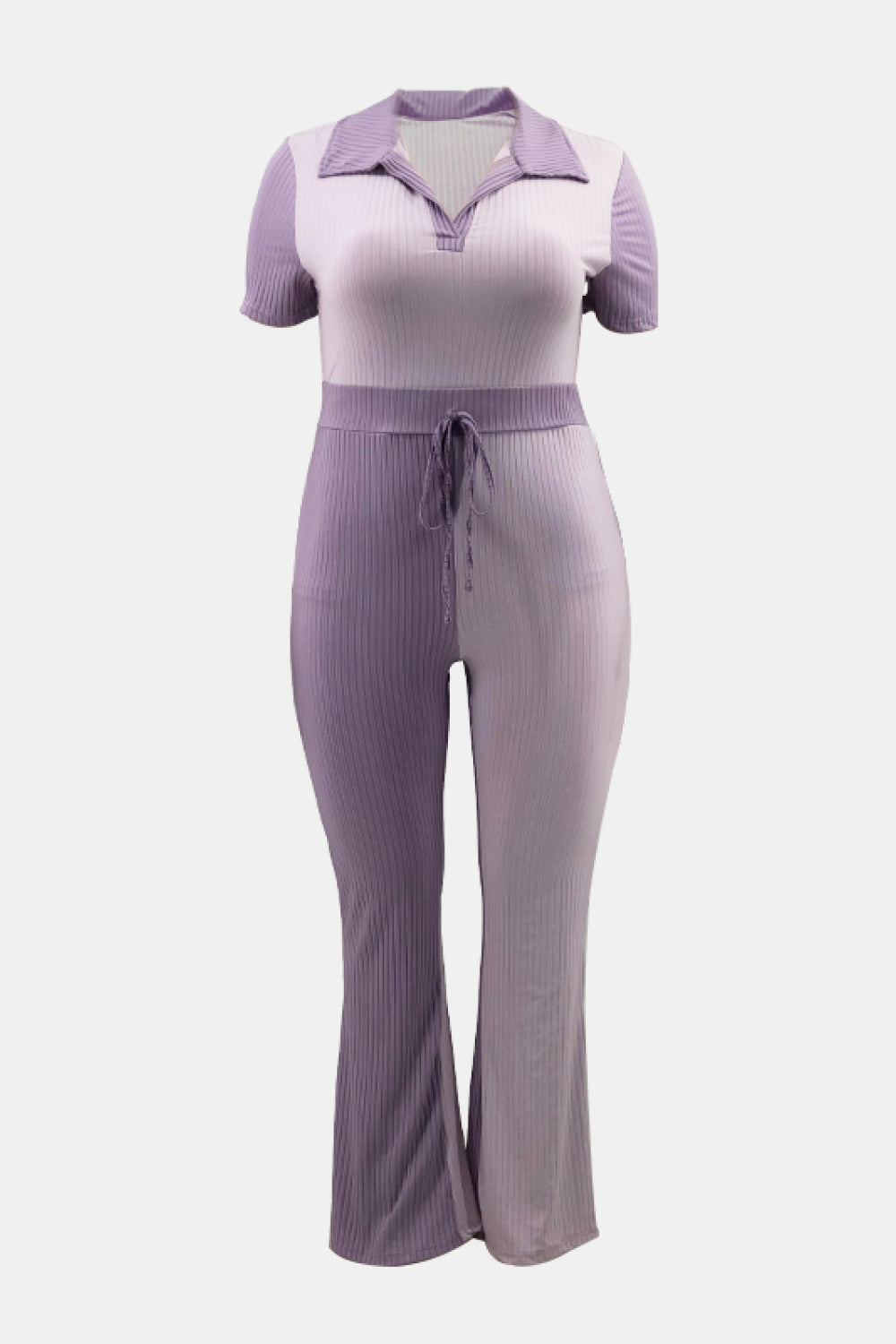 Plus Size Two-Tone Ribbed Top and Drawstring Pants Set - Outlets Forever