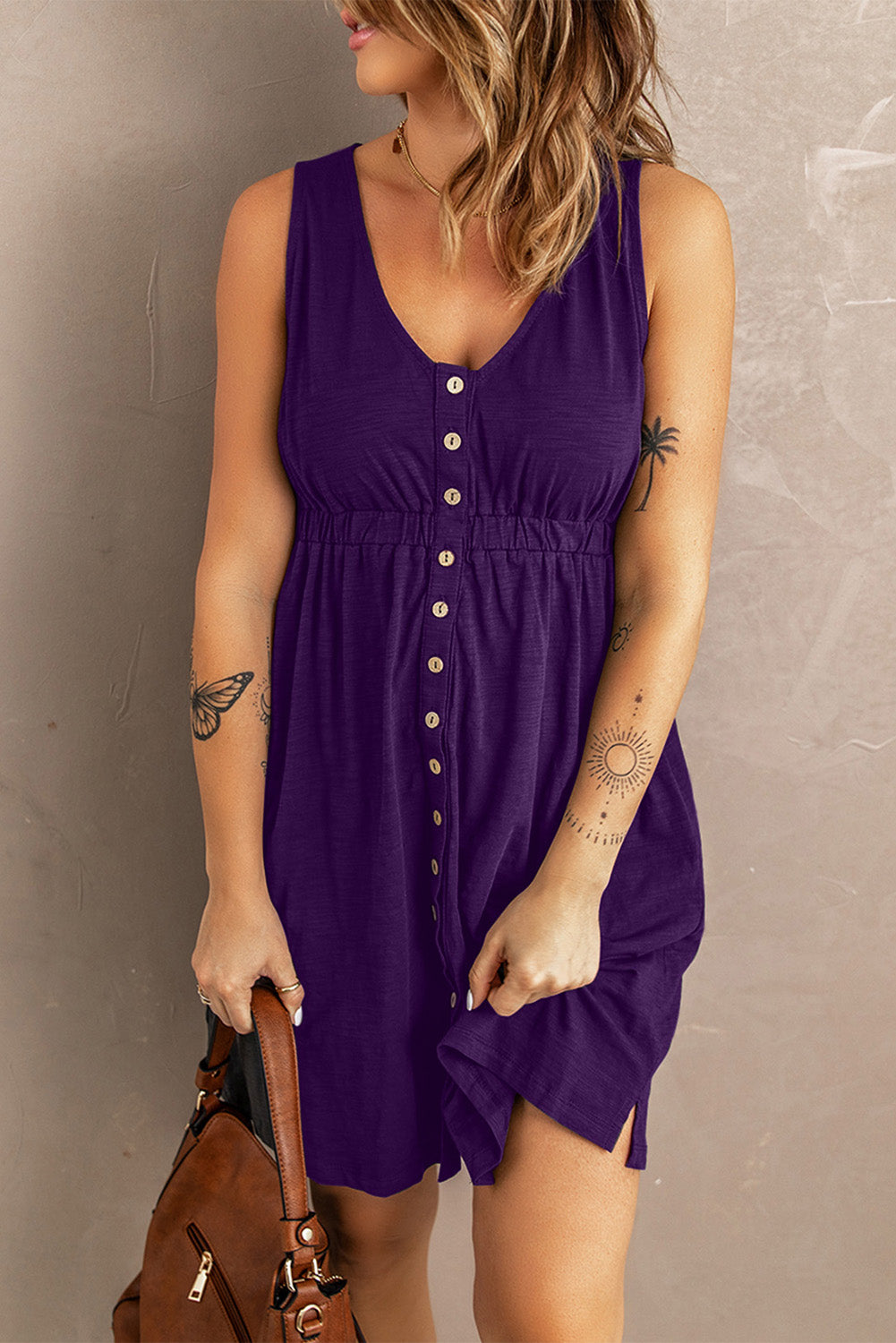 Button Front Empire Waist Sleeveless Slit Dress - Outlets Forever