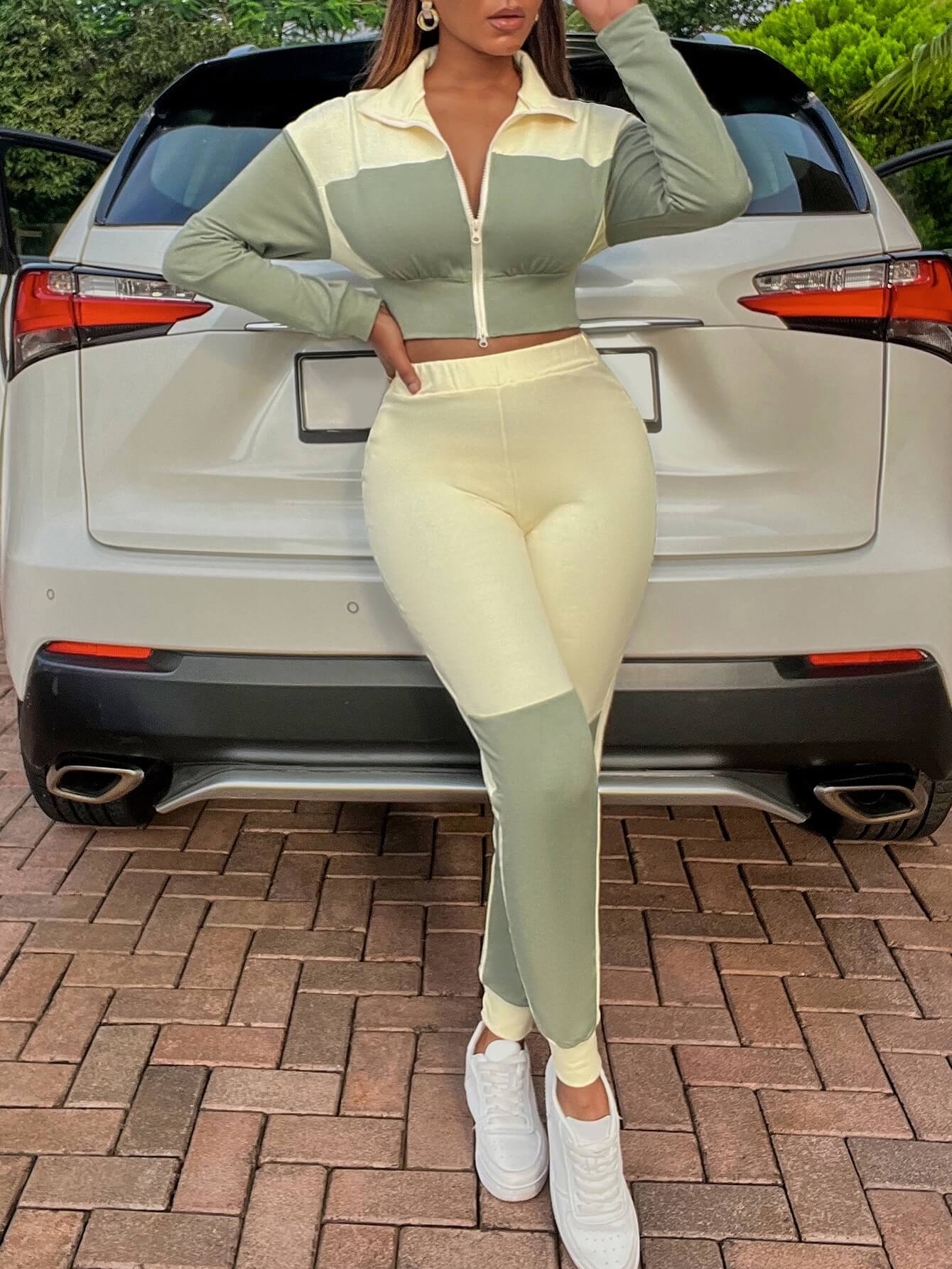 Two-Tone Collared Neck Top and Joggers Set - Outlets Forever