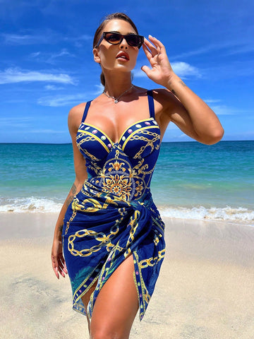 Chain Print Push Up One Piece Swimsuit With Beach Skirt