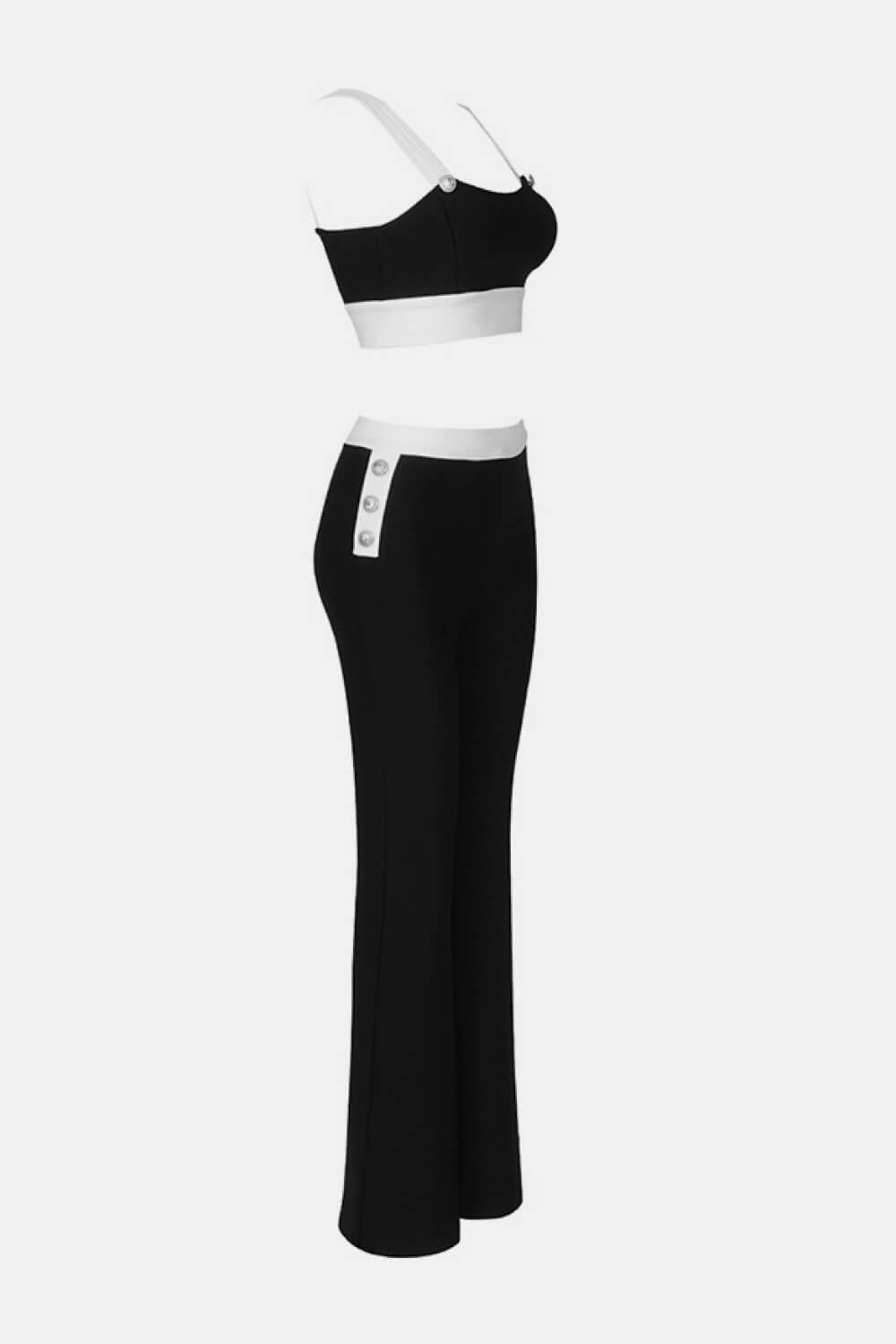 Contrast Decorative Button Cropped Cami and Flare Pants Set - Outlets Forever