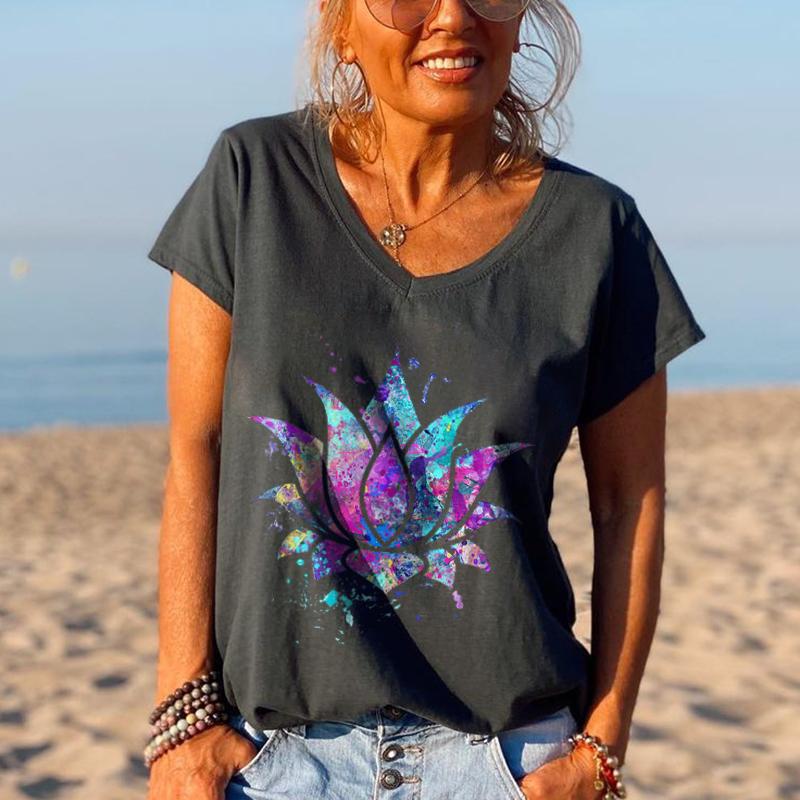 Lotus Patterns Ethnic Loose Graphic Tee - Outlets Forever