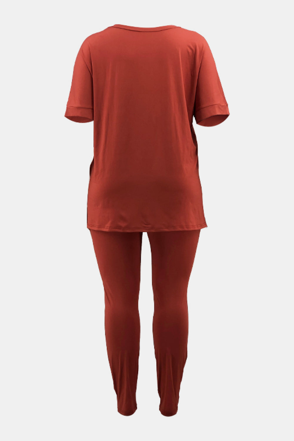 Plus Size V-Neck Slit Tee and Pants Set - Outlets Forever