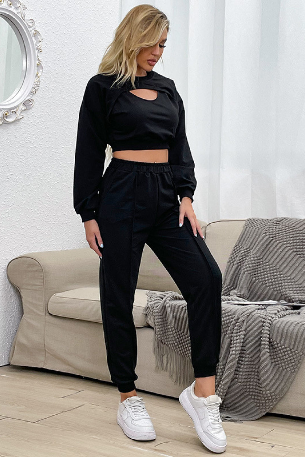 Cut Out Crop Top and Joggers Set - Outlets Forever