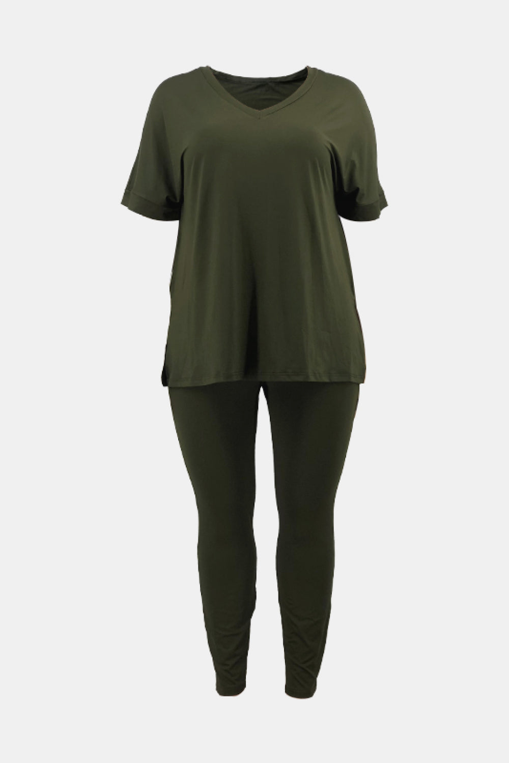 Plus Size V-Neck Slit Tee and Pants Set - Outlets Forever