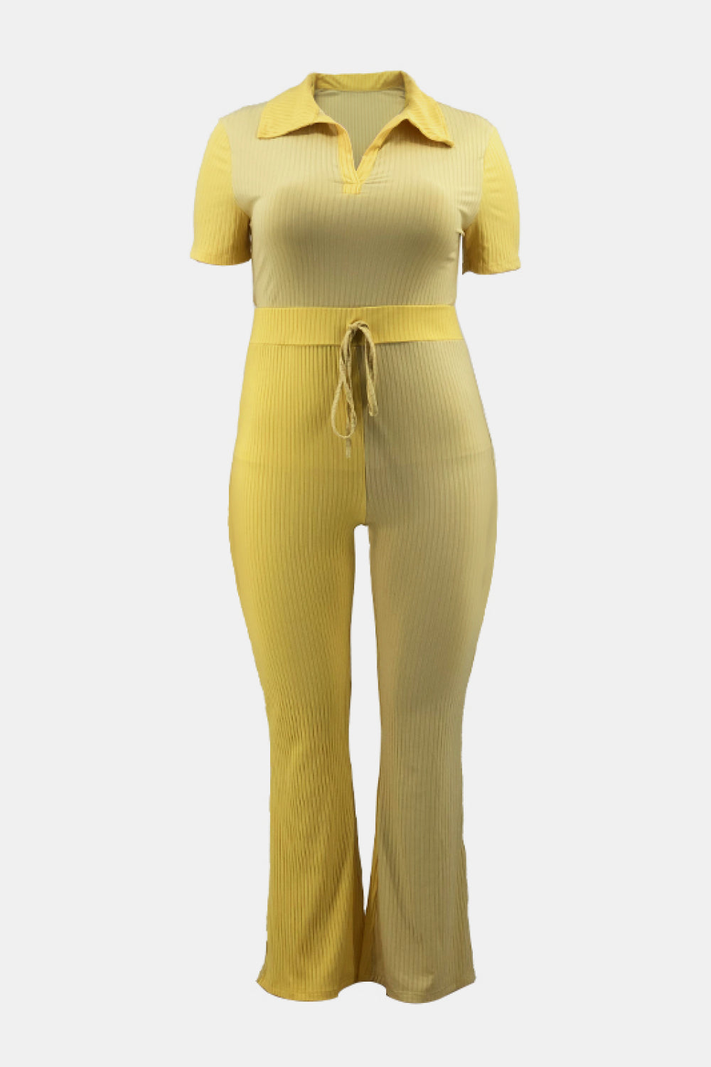 Plus Size Two-Tone Ribbed Top and Drawstring Pants Set - Outlets Forever