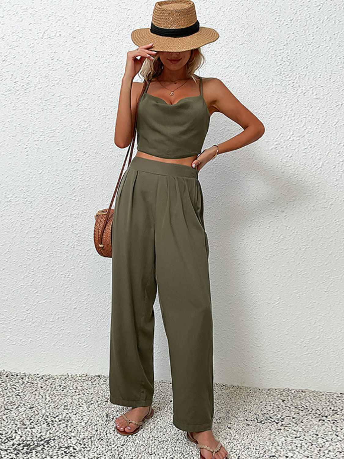 Crisscross Back Cropped Top and Pants Set - Outlets Forever