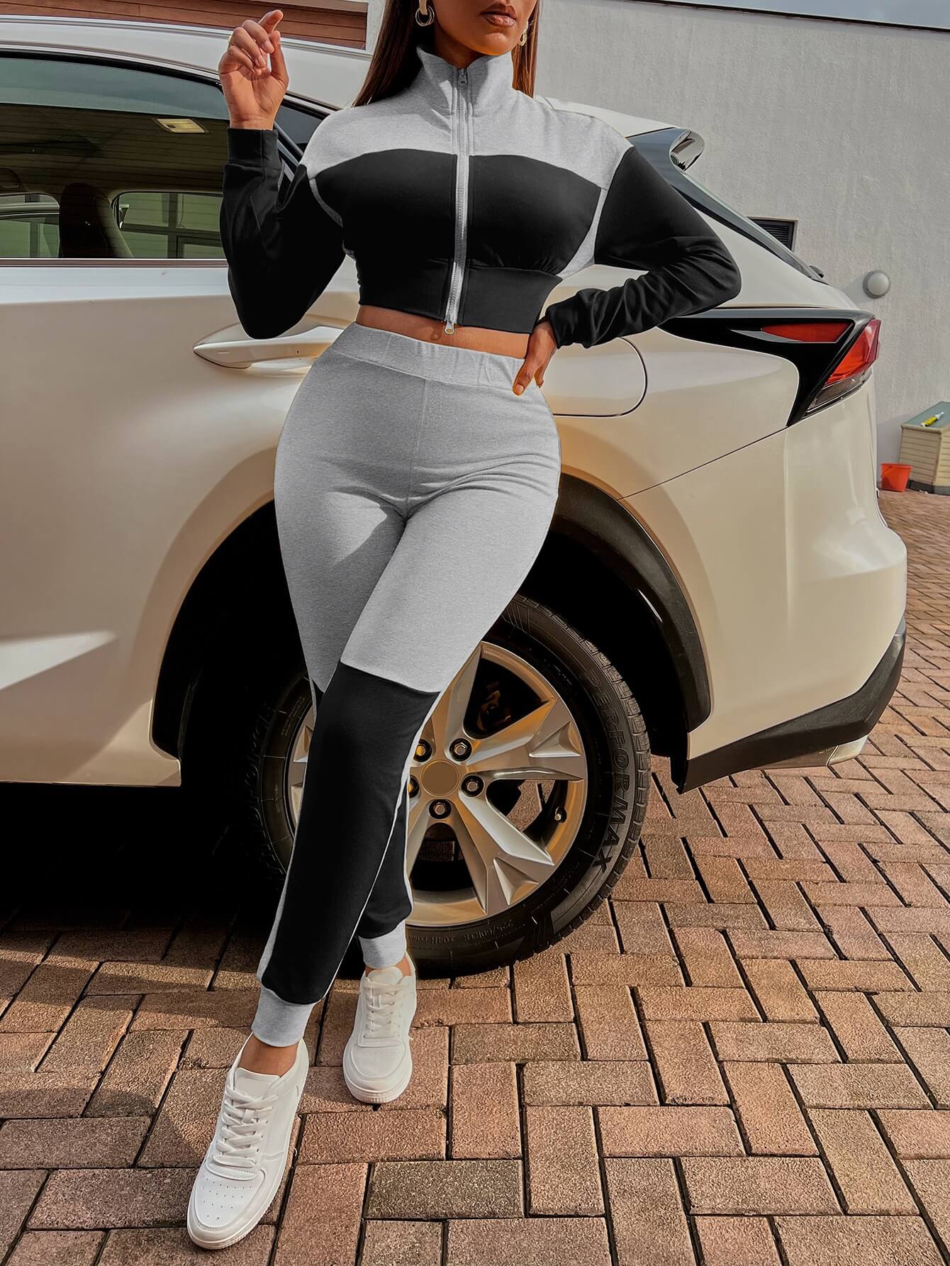 Two-Tone Collared Neck Top and Joggers Set - Outlets Forever