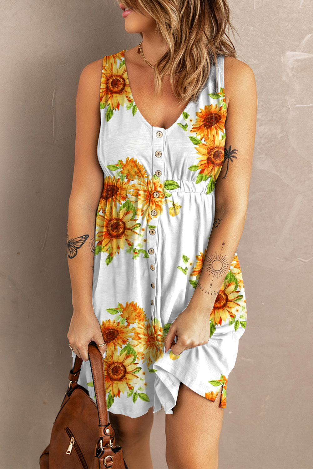 Sunflower Print Button Down Sleeveless Dress - Outlets Forever