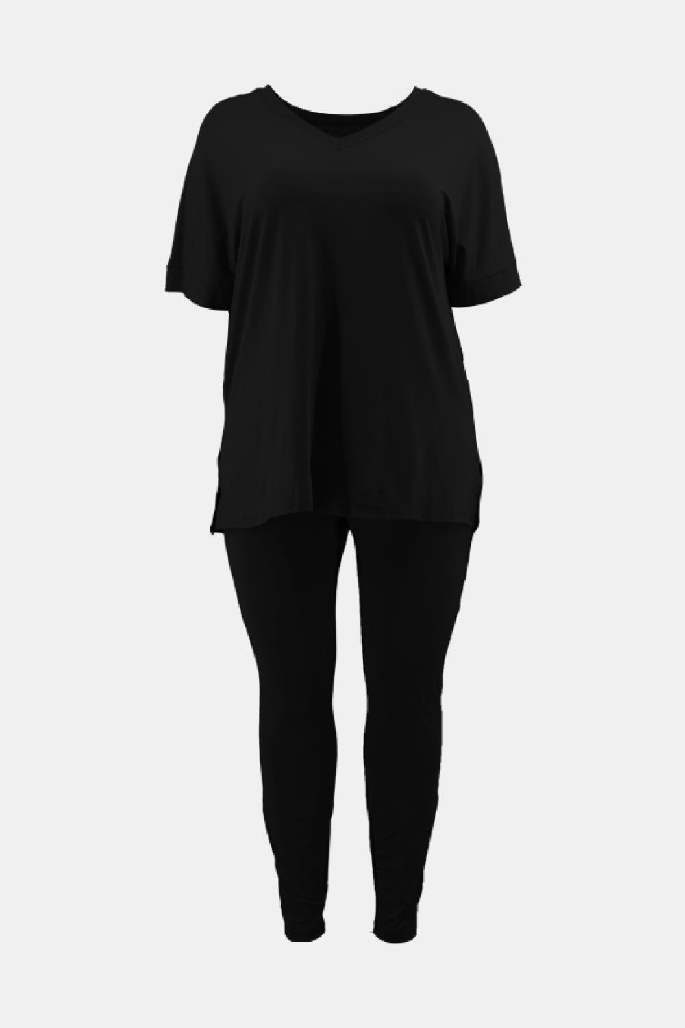 Plus Size V-Neck Slit Tee and Pants Set - Outlets Forever