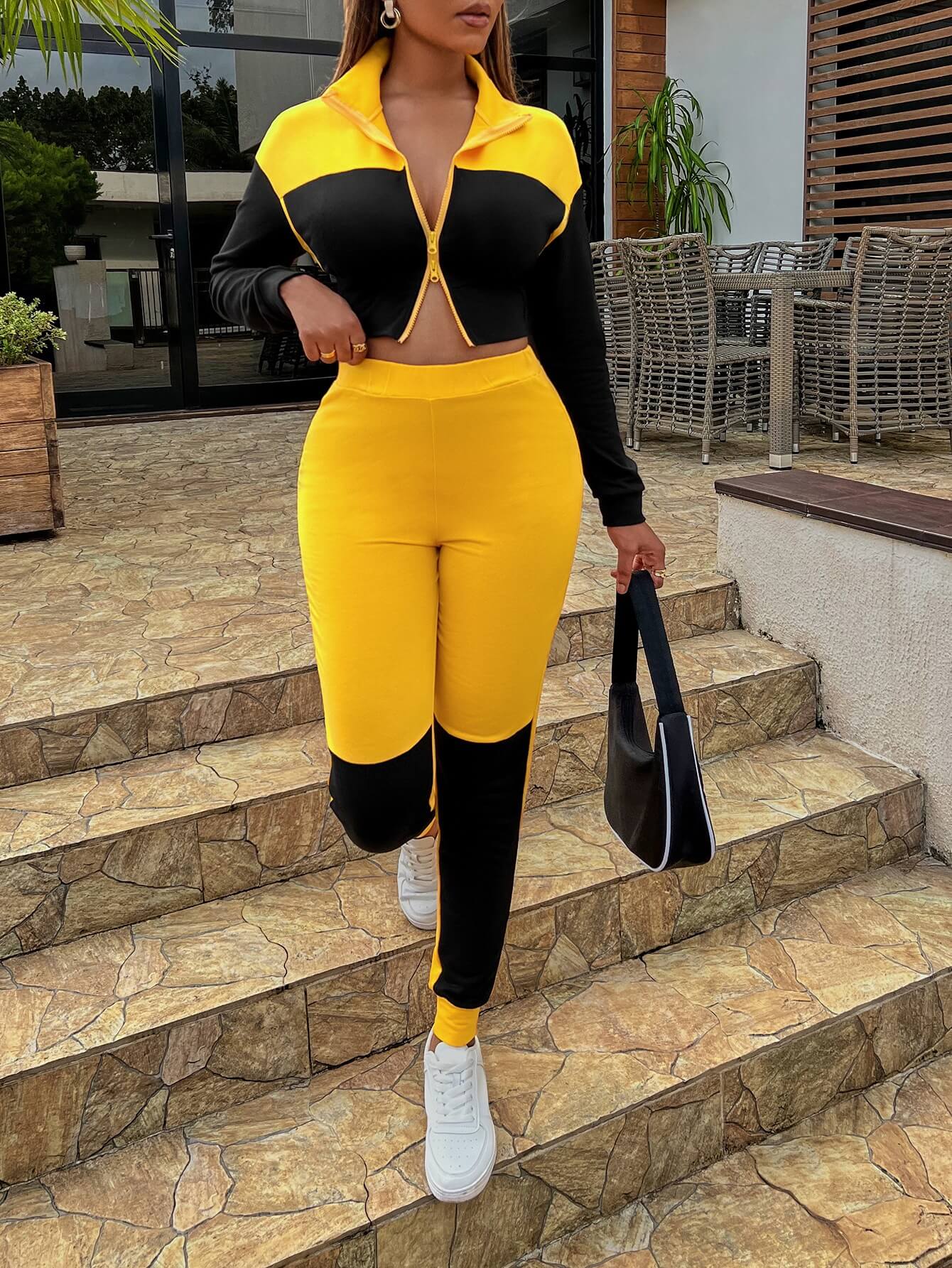 Two-Tone Collared Neck Top and Joggers Set - Outlets Forever