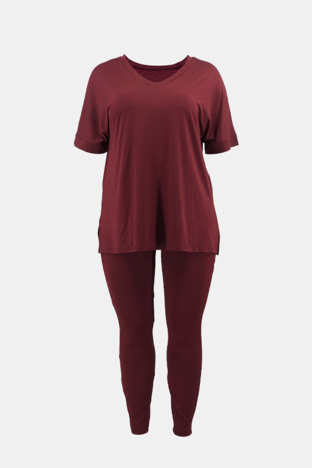 Plus Size V-Neck Slit Tee and Pants Set - Outlets Forever
