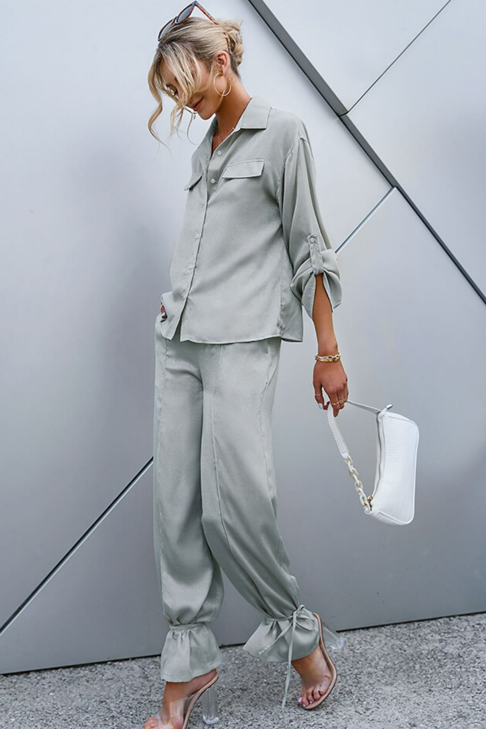 Roll-Tab Sleeve Shirt and Ankle-Tie Pants Set - Outlets Forever
