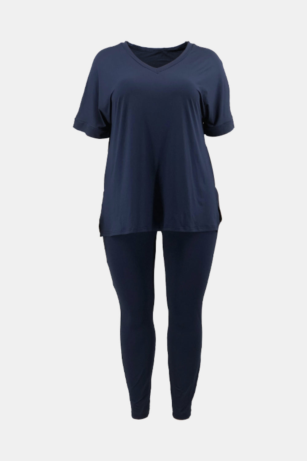 Plus Size V-Neck Slit Tee and Pants Set - Outlets Forever