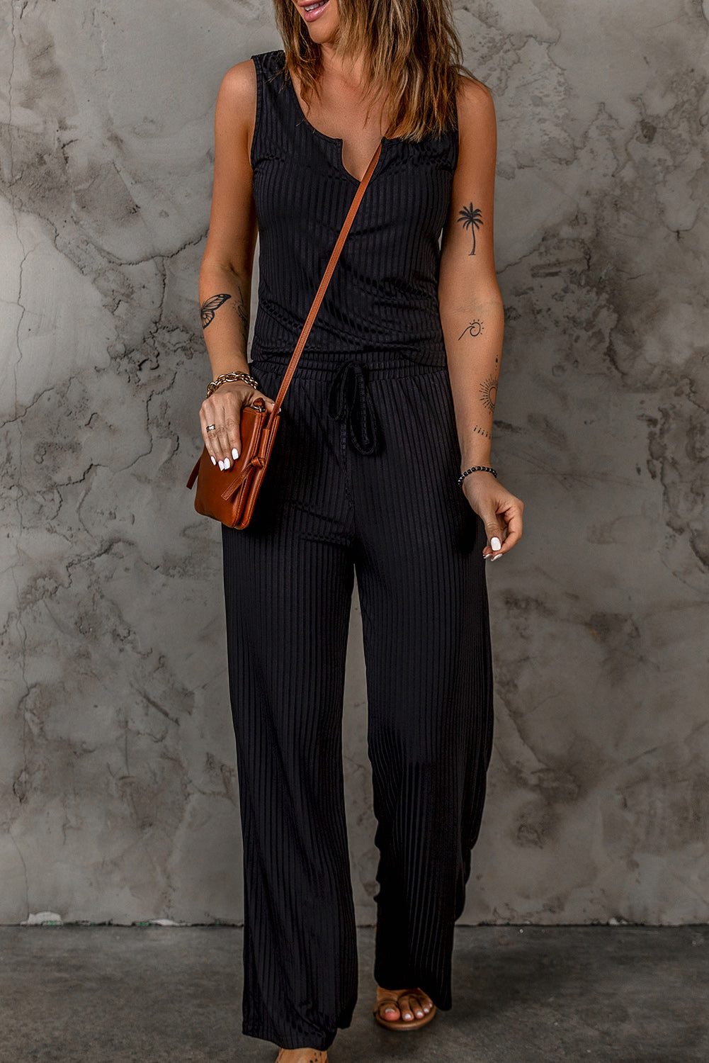 Ribbed Knit Tank and Drawstring Waist Pants Set - Outlets Forever