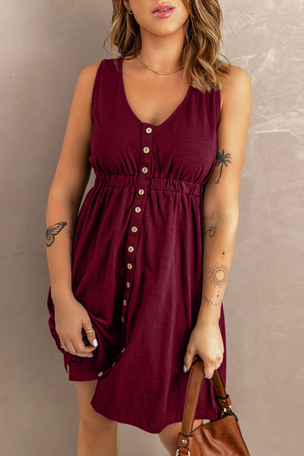 Button Front Empire Waist Sleeveless Slit Dress - Outlets Forever