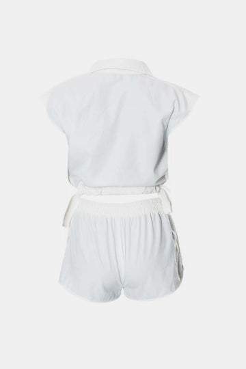 Collared Drawstring Cropped Top and Shorts Set