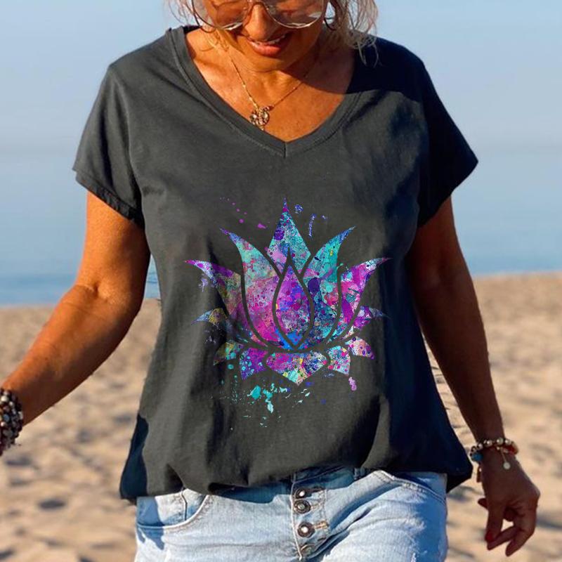 Lotus Patterns Ethnic Loose Graphic Tee - Outlets Forever