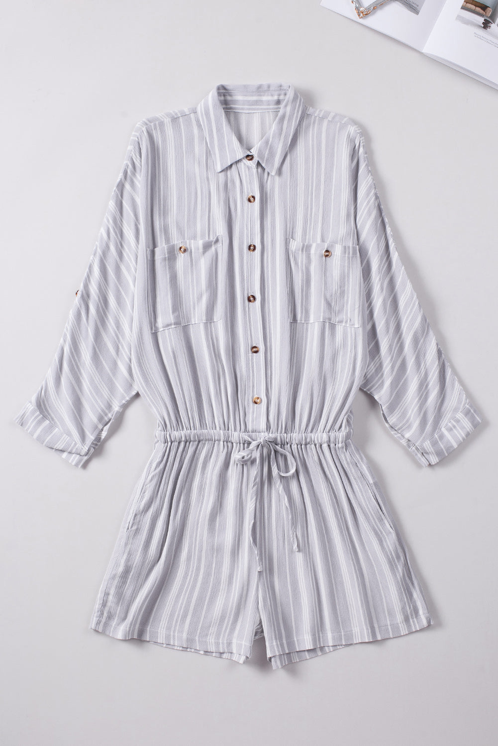 Striped Button Front Drawstring Waist Romper - Outlets Forever