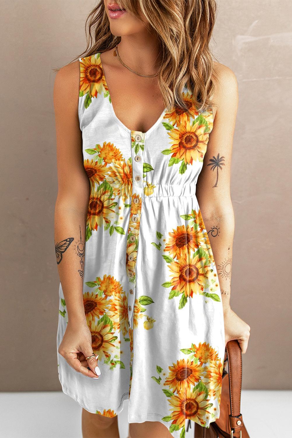 Sunflower Print Button Down Sleeveless Dress - Outlets Forever