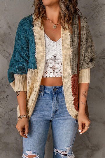 Color Block Cable-Knit Batwing Sleeve Cardigan