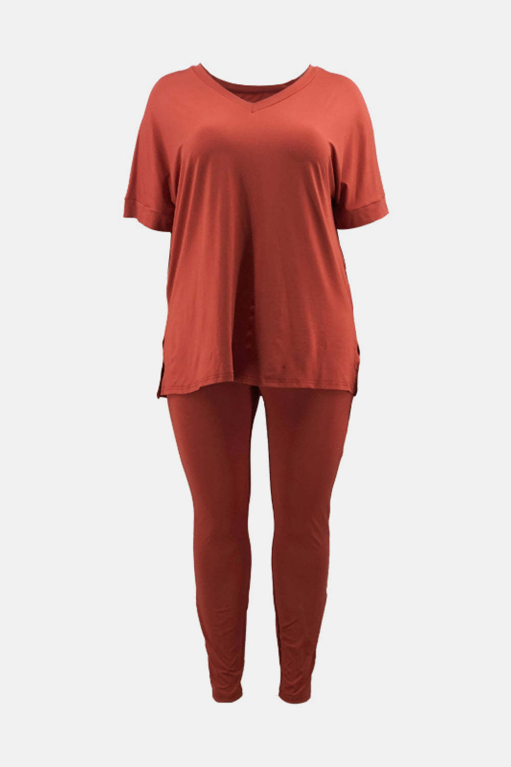 Plus Size V-Neck Slit Tee and Pants Set - Outlets Forever