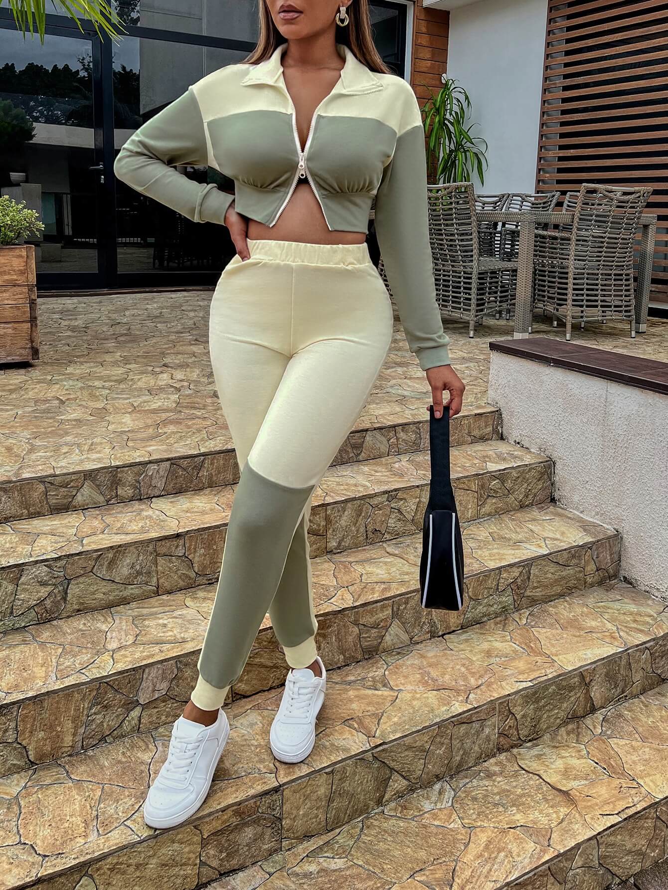 Two-Tone Collared Neck Top and Joggers Set - Outlets Forever