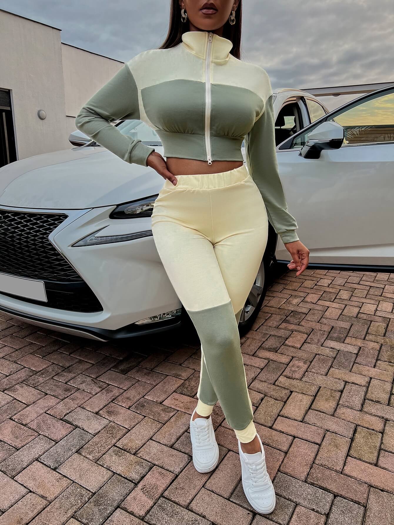 Two-Tone Collared Neck Top and Joggers Set - Outlets Forever