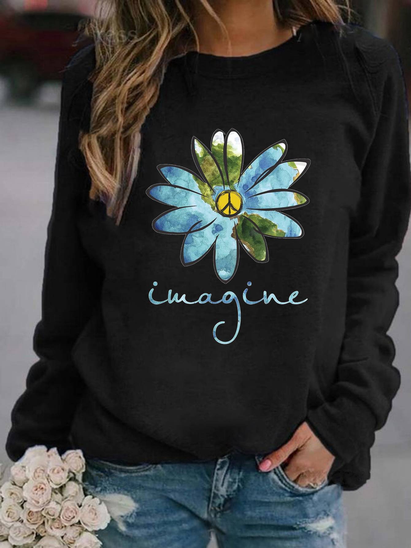 Imagine Peace Flower Women’s Sweatshirt - Outlets Forever