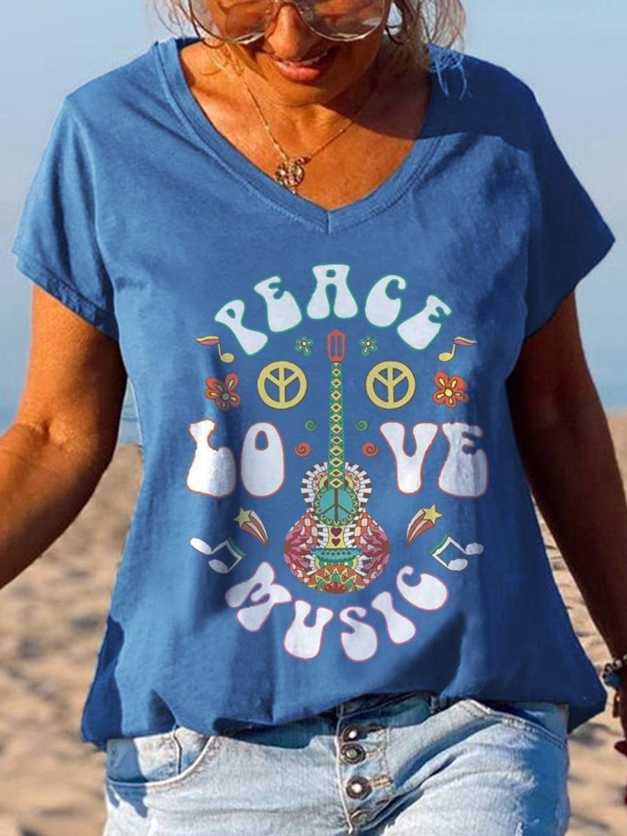 Floral Guitar Peace Love Music Printed Graphic Tee - Outlets Forever