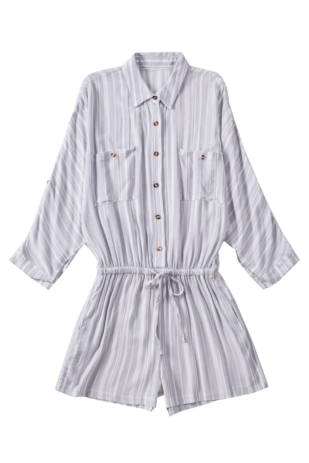 Striped Button Front Drawstring Waist Romper - Outlets Forever