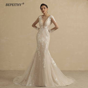 Mermaid Champange Full Sleeves Lace Wedding Dresses 2022 Bride Summer Sexy Open Back Bridal Boho Party Gown