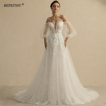 Shinny Glittle A Line Skirt Ivory Wedding Dresses For Women With Puff Sleeves Sexy Sweetheart Lace Bridal Gown 2022