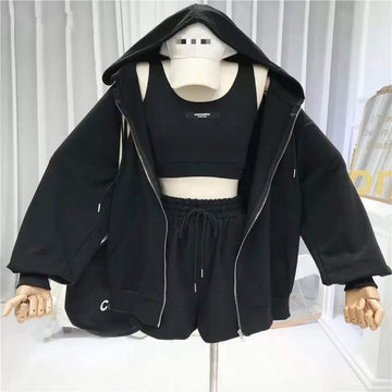 Casual Shorts Three 3 Piece Sets Women Vest Drawstring Shorts Hooded Zipper Jacket Sportswear