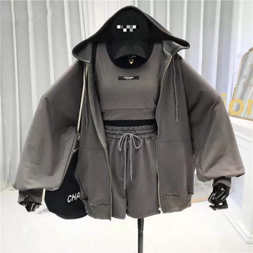 Casual Shorts Three 3 Piece Sets Women Vest Drawstring Shorts Hooded Zipper Jacket Sportswear