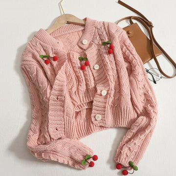 Chic Two Piece Knitted Set Cherry O Neck Long Sleeve  Knit Cardigan