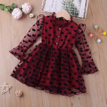 Mesh Yarn  Heart Printed Princess Party Dress for girls