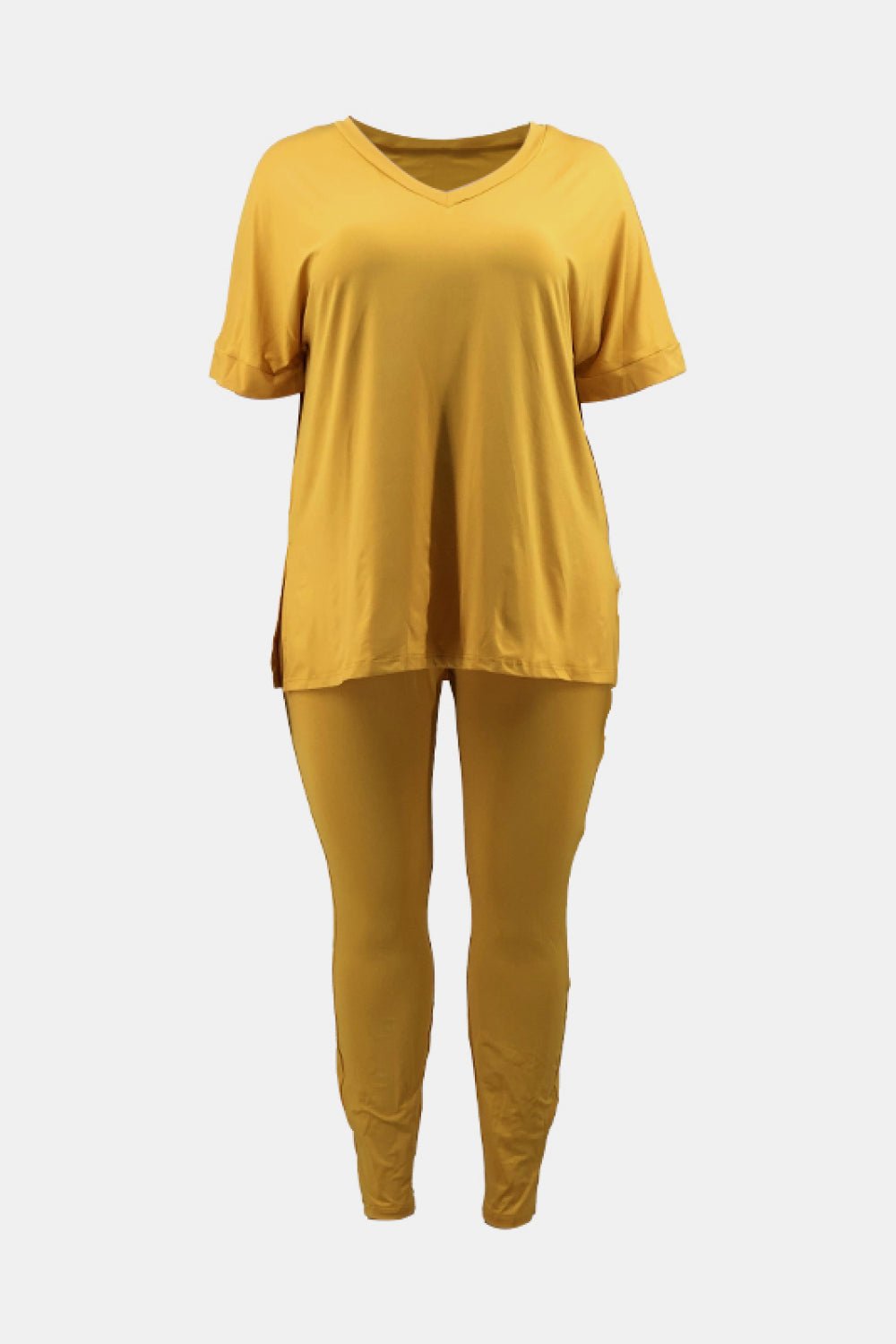 Plus Size V-Neck Slit Tee and Pants Set - Outlets Forever