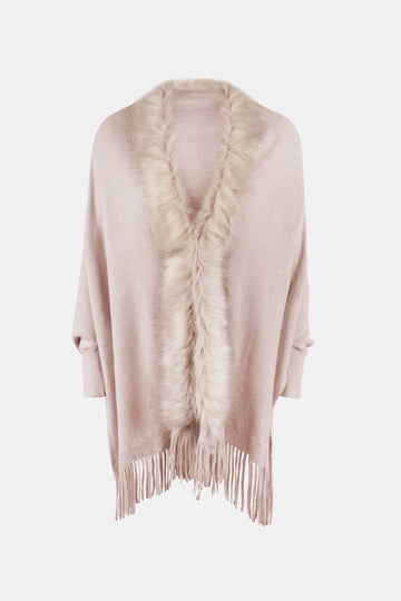 Faux Fur Trim Fringe Hem Poncho