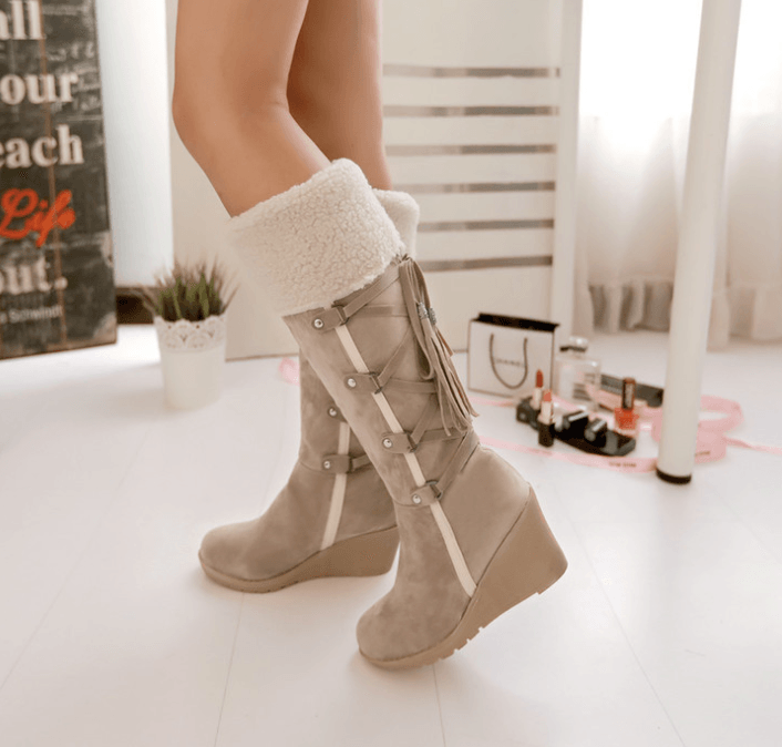 AIWEIYi Women Knee High Boots Wedge High Heels Shoes Knight Boots Warm Winter Boots Lady Shoes Black Yellow Fur Snow Boots - CADEAUME