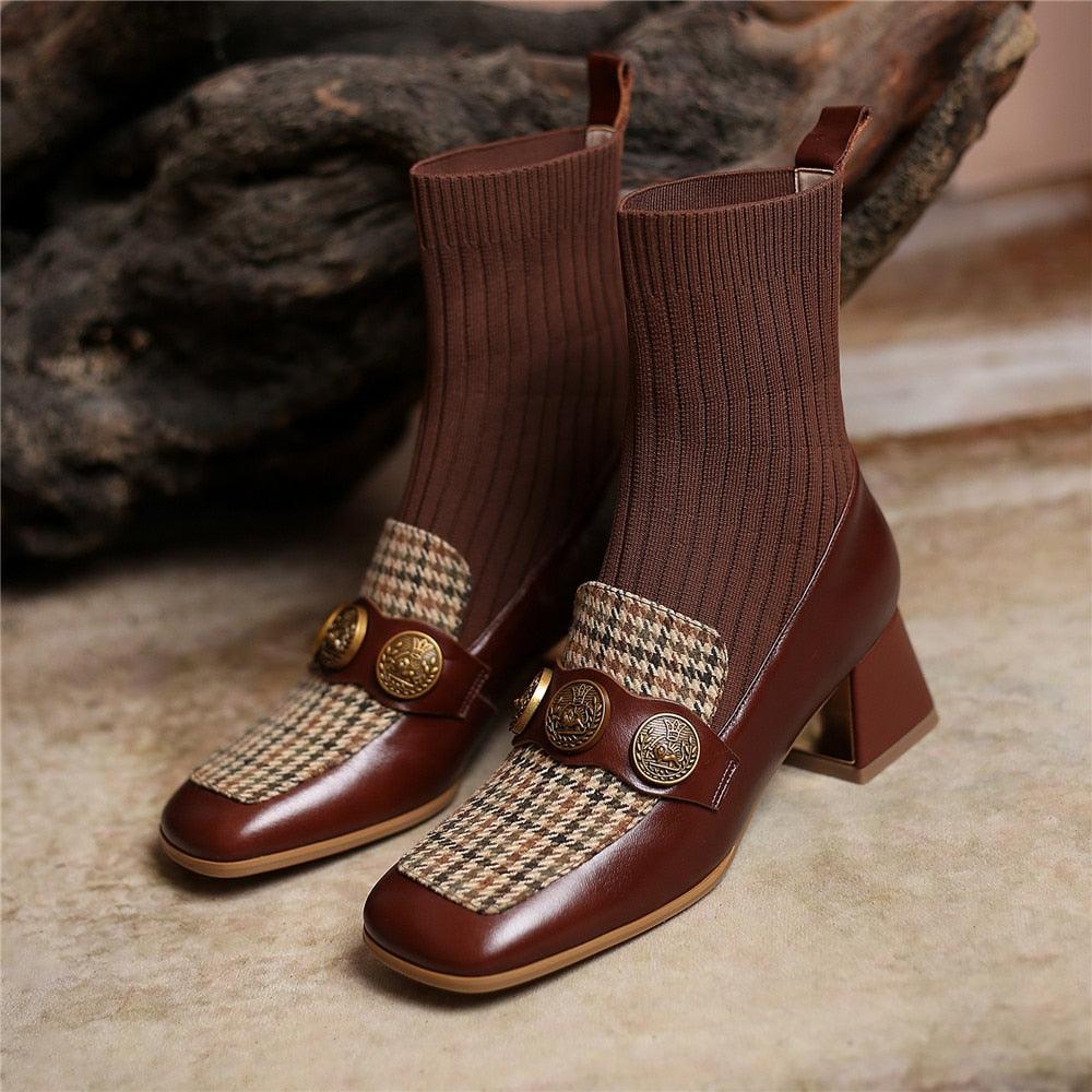 Ankle Boots Thick Heels Slip On Mixed Color Square Toe - CADEAUME