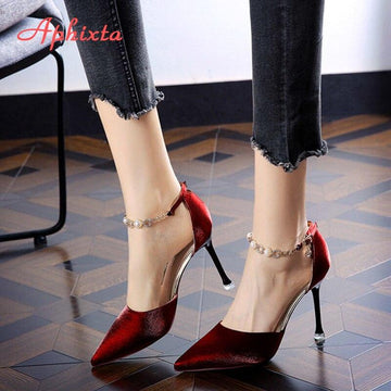 Aphixta 2021 Summer 9cm Stiletto Heels Sandals Women Pumps Pointed Toe Bling Pearl Crystals Chain Breathable Cool Buckle Shoes
