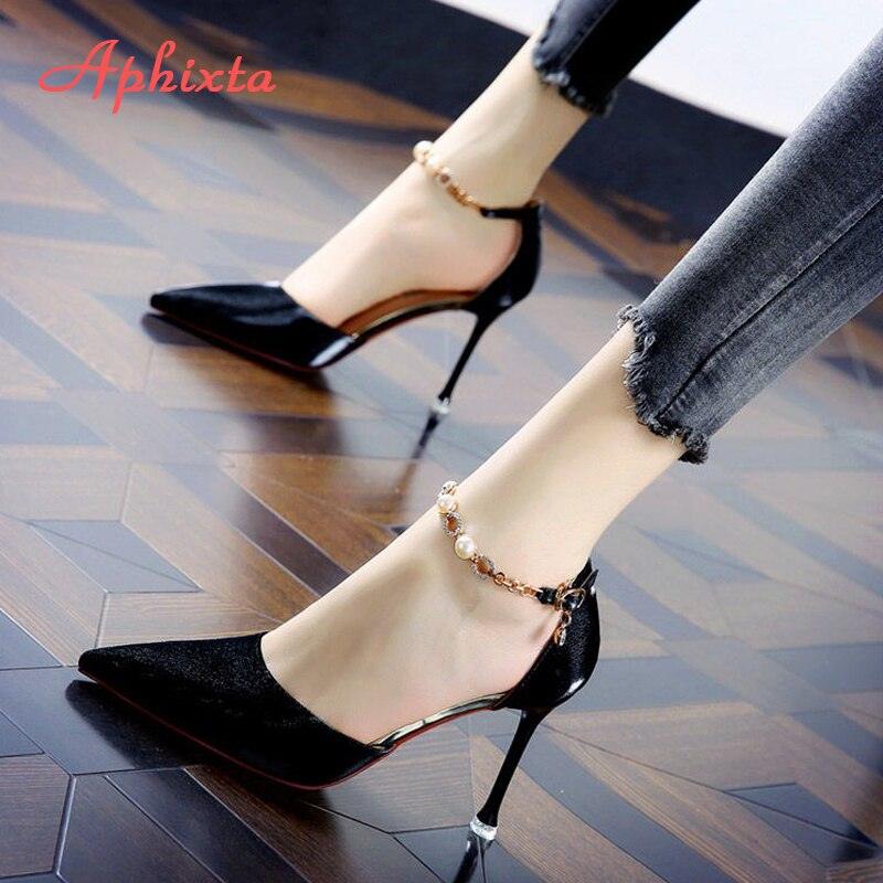 Aphixta 2021 Summer 9cm Stiletto Heels Sandals Women Pumps Pointed Toe Bling Pearl Crystals Chain Breathable Cool Buckle Shoes - CADEAUME