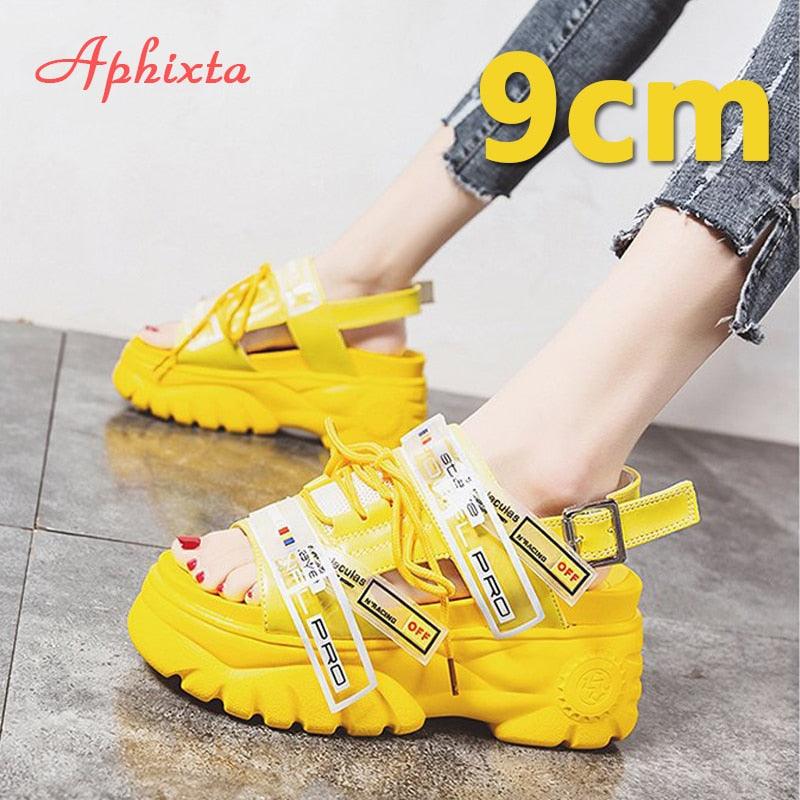 Aphixta 9cm Platform Sandals Women Wedge High Heels Shoes Women Buckle Lace-up Summer Zapatos Mujer Wedges Slippers Woman Sandal - CADEAUME