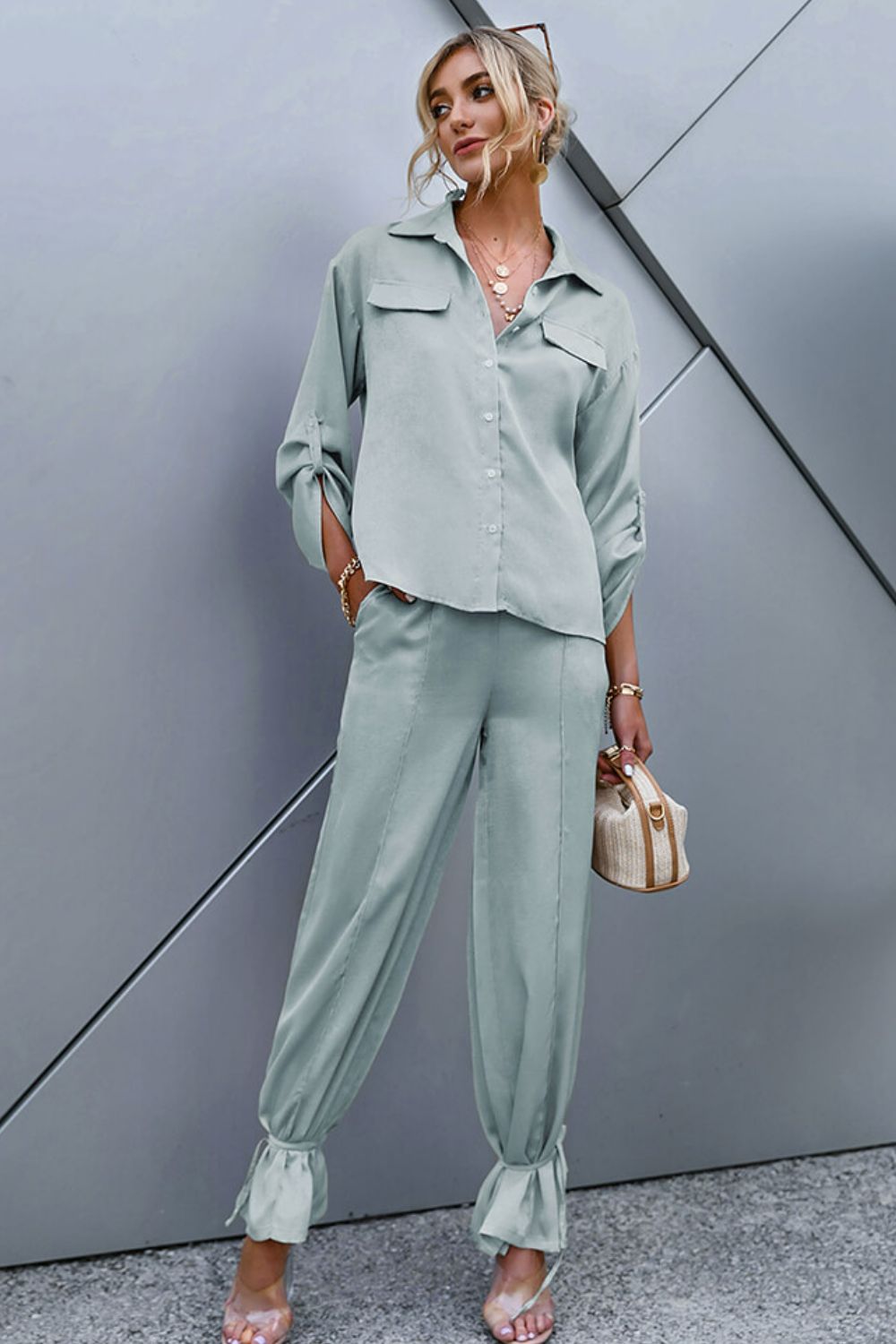 Roll-Tab Sleeve Shirt and Ankle-Tie Pants Set - Outlets Forever