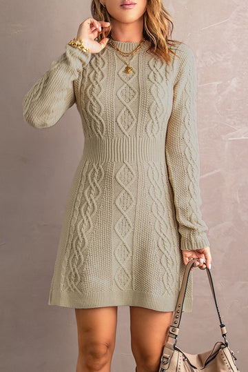 Mixed Knit Crewneck Mini Sweater Dress