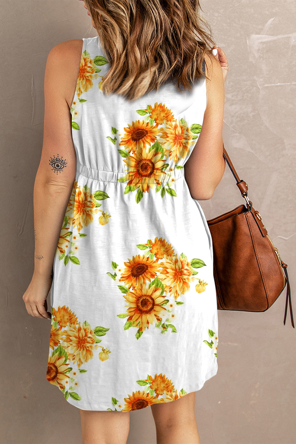 Sunflower Print Button Down Sleeveless Dress - Outlets Forever