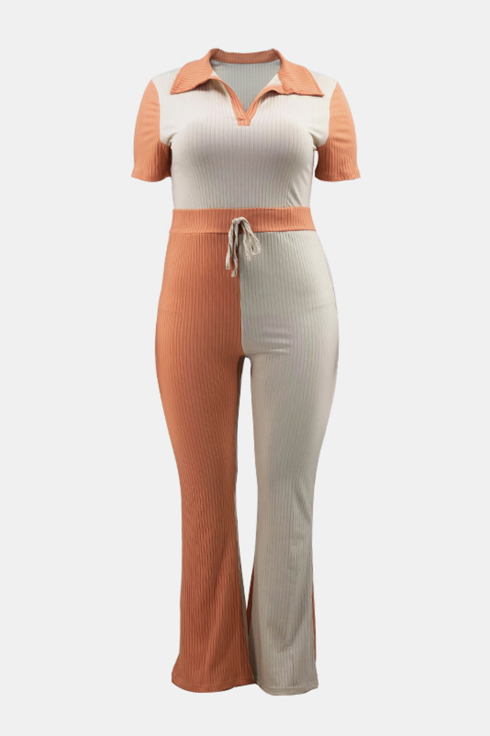 Plus Size Two-Tone Ribbed Top and Drawstring Pants Set - Outlets Forever