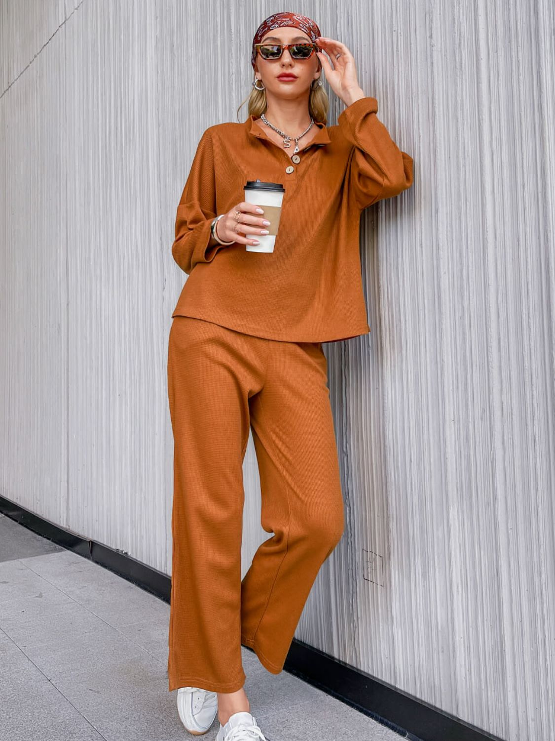 Quarter Button Side Slit Waffle Knit Top and Pants Set - Outlets Forever