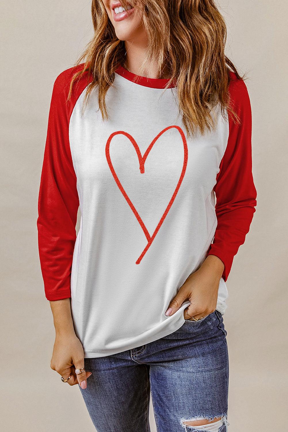 Contrast Baseball Sleeve Heart Graphic Top - CADEAUME